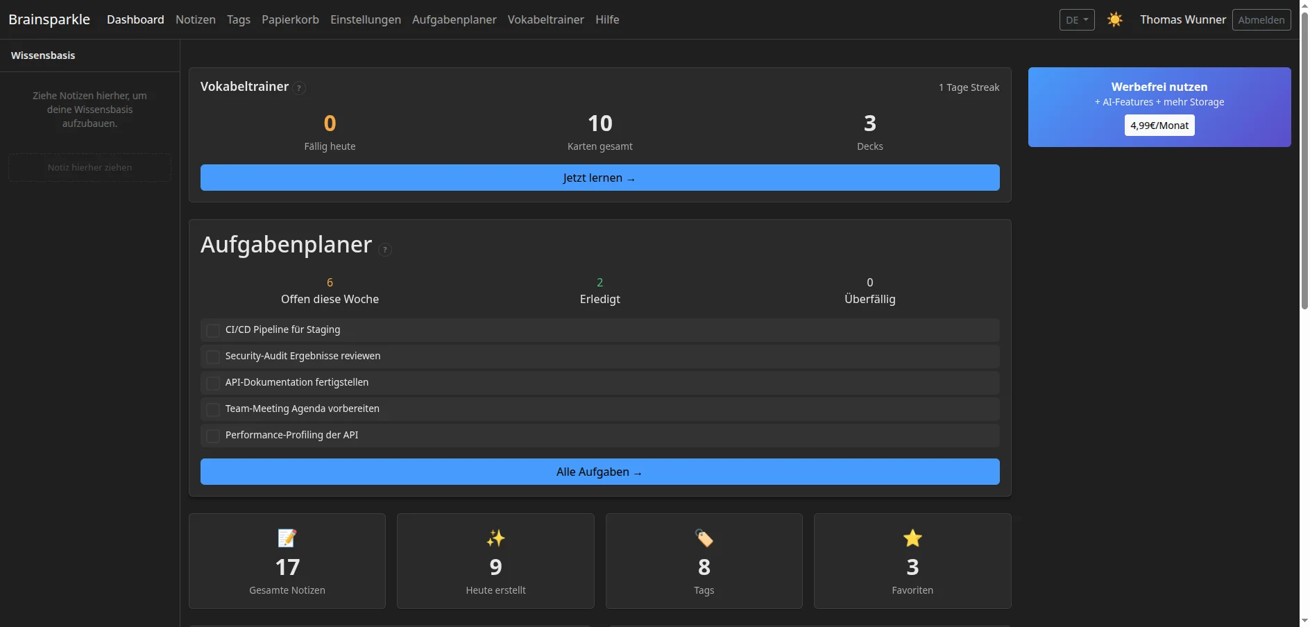 Brainsparkle Dashboard mit Statistiken, Vokabeltrainer und Aufgabenplaner