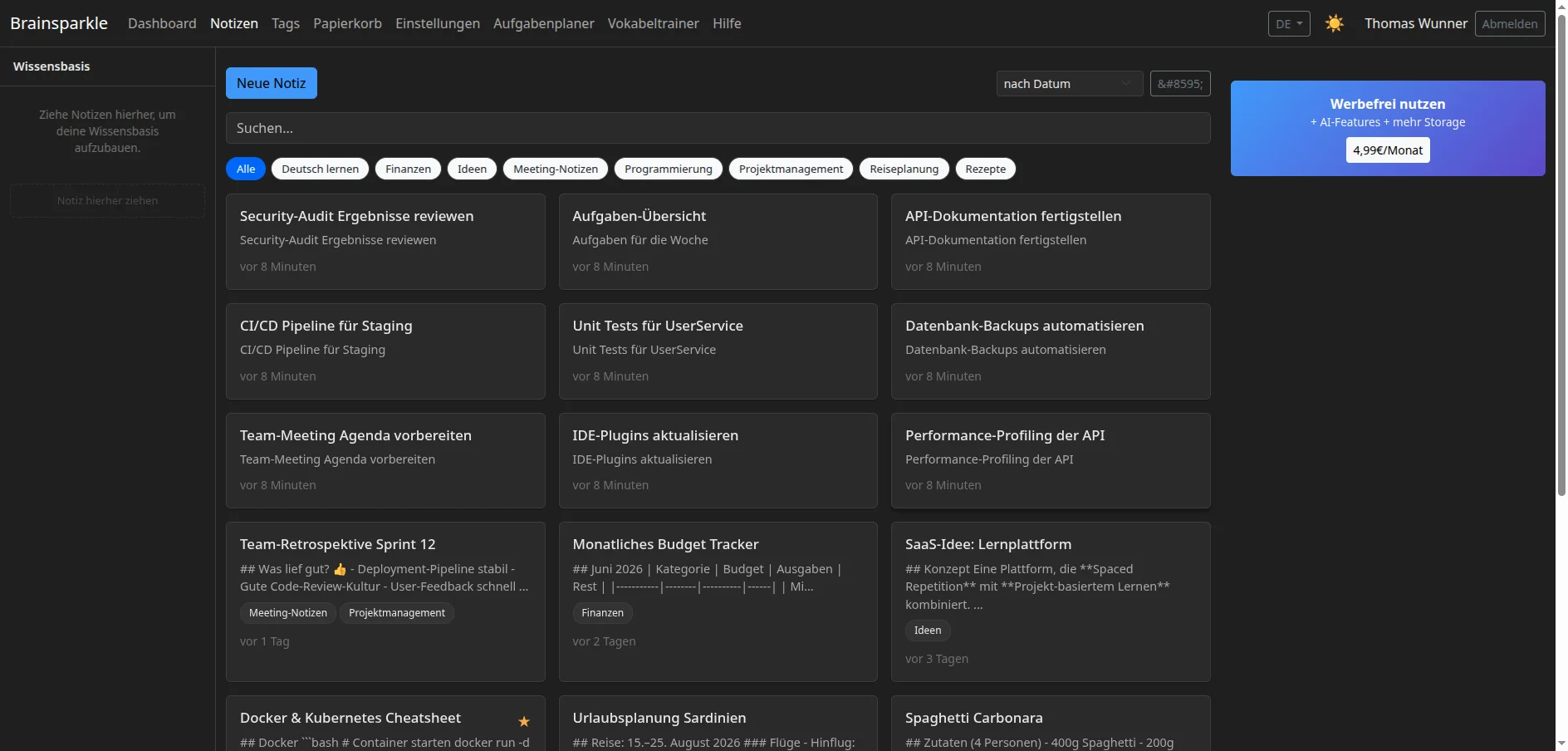 Brainsparkle Notizen-Uebersicht mit Tags und Vorschau